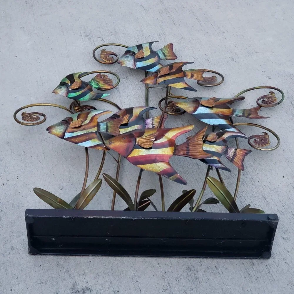 Metal Angel Fish Sculpture Standing Decor Banded Angelfish
